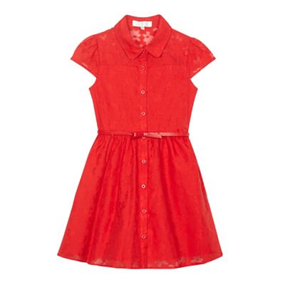 Girls' red floral burnout belted shirt dress